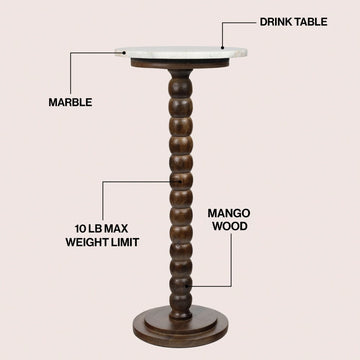 Monroe 24.25" Rustic Farmhouse Spindle Wood Drink Table and Decorative End Table with White Marble Round Top